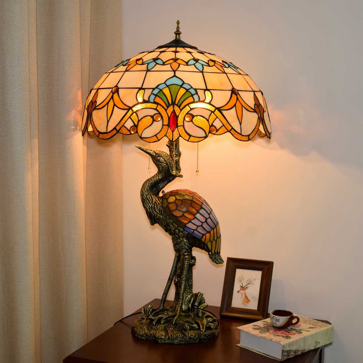 Blivuself Tiffany Lamp Stained Glass Lamp 20 Inch Baroque Male Crane Table Lamp Bronze Relief Resin Base Classic Elegant Desk Lamp For French American Living Room Bedroom Porch Retro Art Decoration Desk Lamp Tiffany Style Desk Lamp Classic Furniture Decoration (OFTX115)