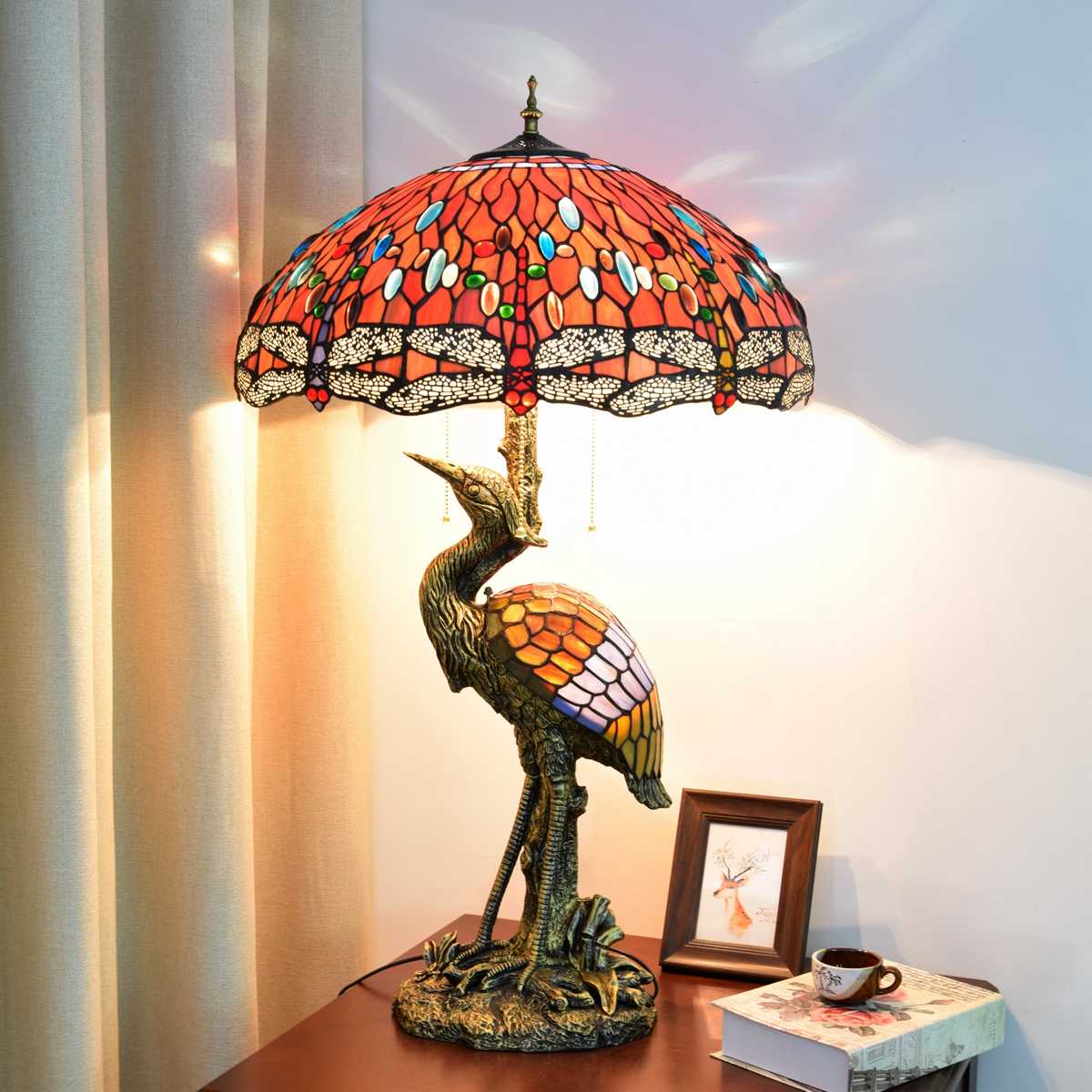 Blivuself Tiffany Lamp Stained Glass Lamp 20 Inch Red Dragonfly Female Crane Table Lamp Bronze Relief Resin Base Classic Elegant Table Lamp For French American Living Room Bedroom Porch Retro Art Decoration Table Lamp Tiffany Style Table Lamp Classic Furniture Decoration (OFTX104)
