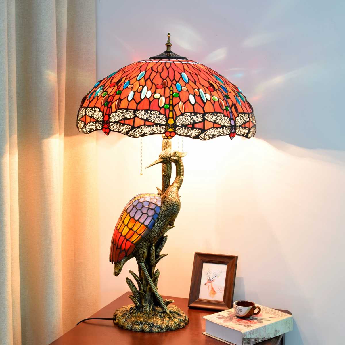 Blivuself Tiffany Lamp Stained Glass Lamp 20 Inch Red Dragonfly Male Crane Table Lamp Bronze Relief Resin Base Classic Elegant Table Lamp Suitable For French American Living Room Bedroom Hallway Retro Art Decoration Table Lamp Tiffany Style Table Lamp Classical Furniture Decoration (OFTX114)