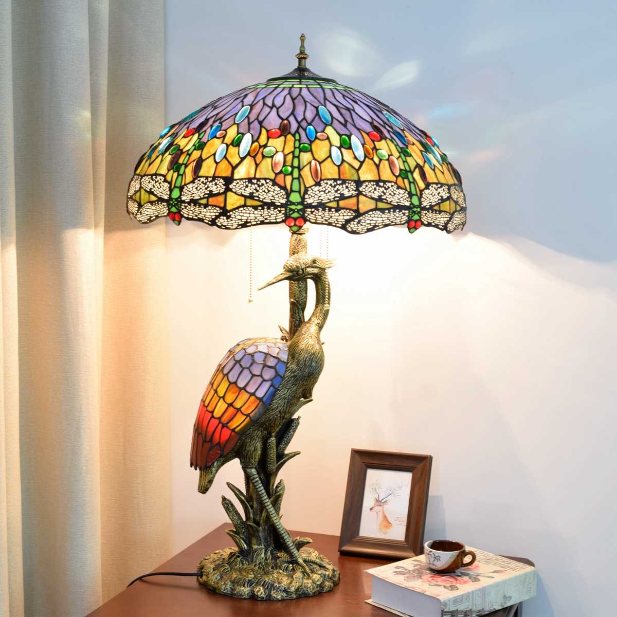 Blivuself Tiffany Lamp Stained Glass Lamp 20 Inch Color Dragonfly Female Crane Table Lamp Bronze Relief Resin Base Classic Elegant Table Lamp Suitable For French American Living Room Bedroom Hallway Retro Art Decoration Table Lamp Tiffany Style Table Lamp Classical Furniture Decoration (OFTX105)