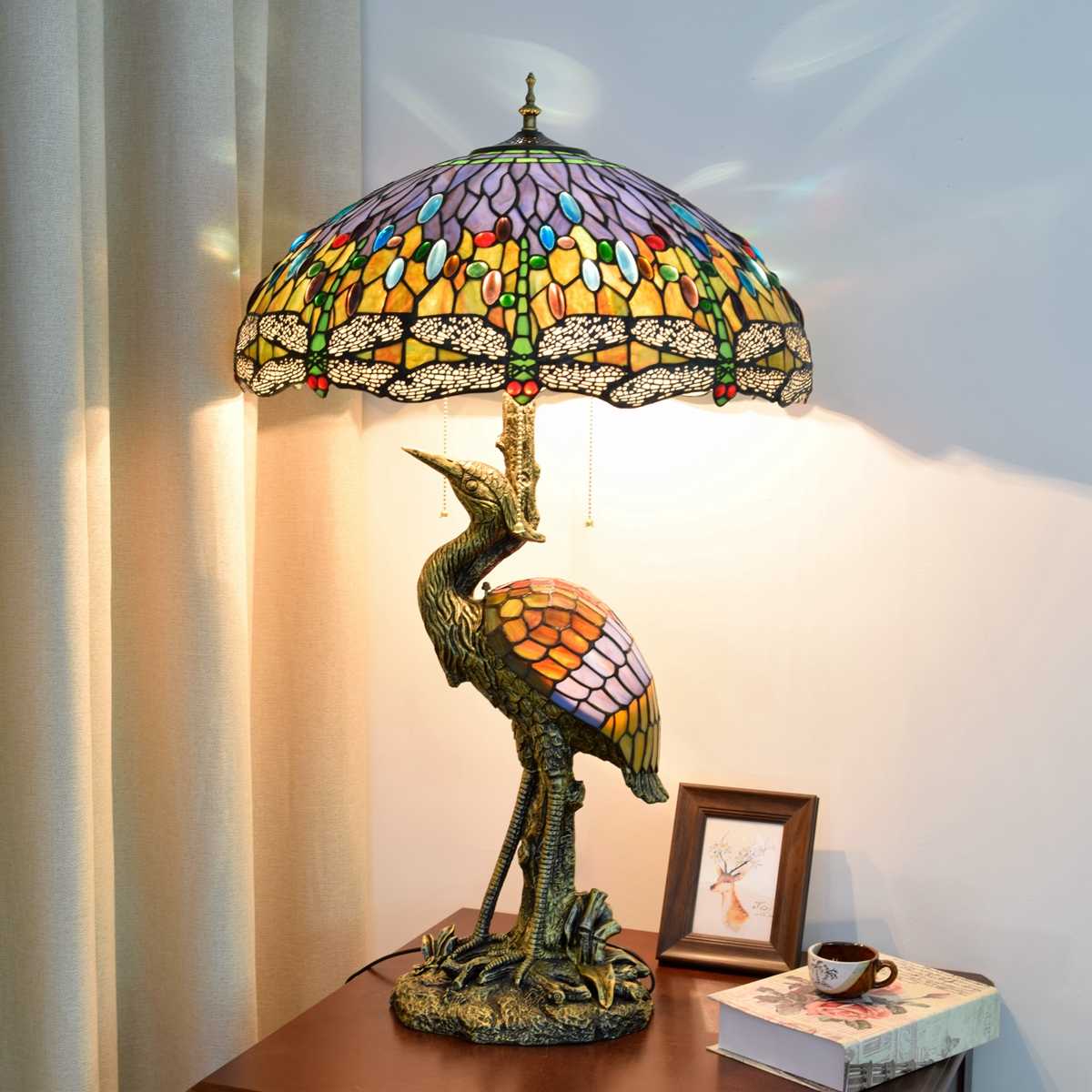 Blivuself Tiffany Lamp Stained Glass Lamp 20-Inch Bronze Relief Resin Beads Dragonfly Male Cranes Lamp Base Classic Elegant Desk Lamp Is Suitable For The French American Sitting Room Porch Retro Art Adornment Bedroom Lamp Tiffany Style Lamp Classical Furniture Decoration (OFTX113)