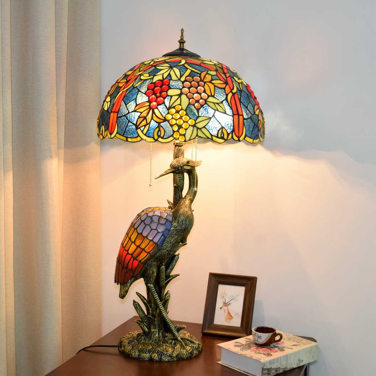 Blivuself Tiffany Lamp Stained Glass Lamp 17 Inch Grape Fruit Female Crane Table Lamp Bronze Relief Resin Base Classic Elegant Table Lamp Suitable For French American Living Room Bedroom Hallway Retro Art Decoration Table Lamp Tiffany Style Table Lamp Classical Furniture Decoration (OFTX107)