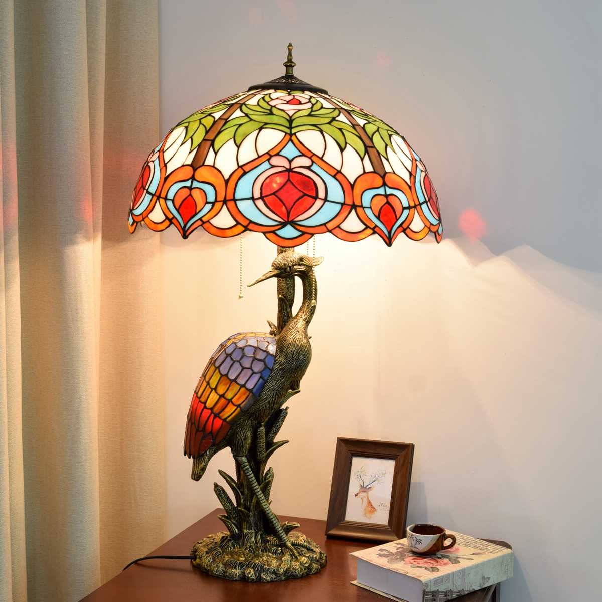 Blivuself Tiffany Lamp Stained Glass Lamp 20 Inch Fairy Peach Female Crane Table Lamp Bronze Relief Resin Base Classic Elegant Table Lamp Suitable For French American Living Room Bedroom Hallway Retro Art Decoration Table Lamp Tiffany Style Table Lamp Classical Furniture Decoration (OFTX103)