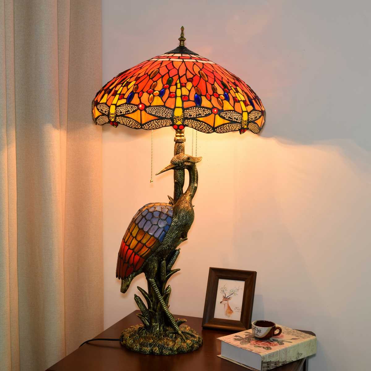 Blivuself Tiffany Lamp Stained Glass Lamp 18 Inch Red Dragonfly Female Crane Table Lamp Bronze Relief Resin Base Classic Elegant Table Lamp Suitable For French American Living Room Bedroom Hallway Vintage Art Deco Table Lamp Tiffany Style Table Lamp Classical Furniture Decoration (OFTX108)
