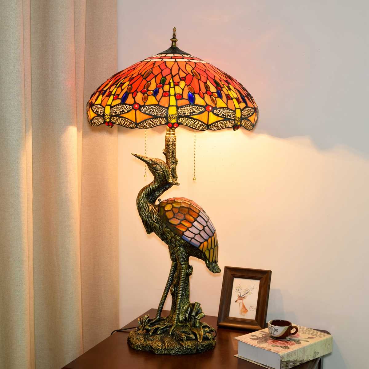 Blivuself Tiffany Lamp Stained Glass Lamp 18 Inch Red Dragonfly Male Crane Table Lamp Bronze Relief Resin Base Classic Elegant Table Lamp Suitable For French American Living Room Bedroom Door Retro Art Decoration Table Lamp Tiffany Style Table Lamp Classical Furniture Decoration (OFTX109)