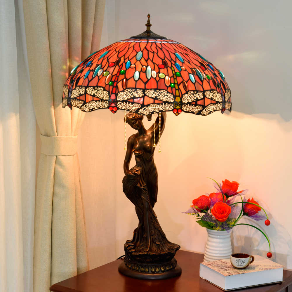 Blivuself Tiffany Lamp Stained Glass Lamp 20 Inch Red Dragonfly Peacock Female Lamp Art Sculpture Living Room Bedroom Decoration Lamp Suitable For Living Room Bedroom Hallway Vintage Art Decoration Lamp Tiffany Style Lamp Classical Furniture Decoration (OFTX119)
