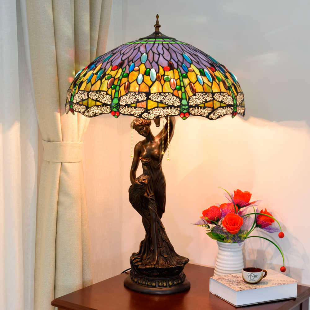 Blivuself Tiffany Lamp Stained Glass Lamp 20-Inch Beads Dragonfly Peacock Female Lamp Art Sculpture Sitting Room The Bedroom Decorate Desk Lamp Is Suitable For The Sitting Room Porch Retro Art Adornment Bedroom Lamp Tiffany Style Lamp Classical Furniture Decoration (Oftx120)