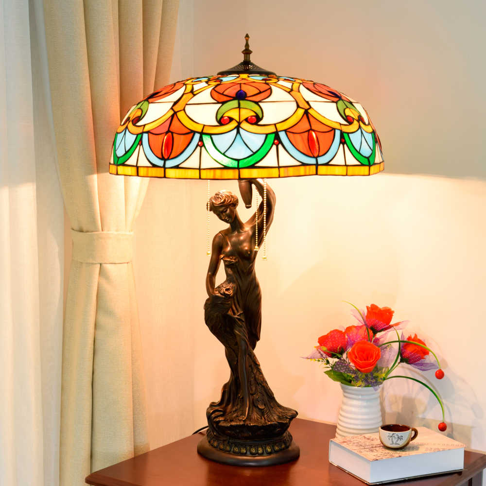 Blivuself Tiffany Lamp Stained Glass Lamp 20 Inch Peach Beads Peacock Woman Table Lamp Art Sculpture Living Room Bedroom Decorative Table Lamp For Living Room Bedroom Porch Retro Art Decorative Table Lamp Tiffany Style Desk Lamp Classical Furniture Decoration (OFTX121)