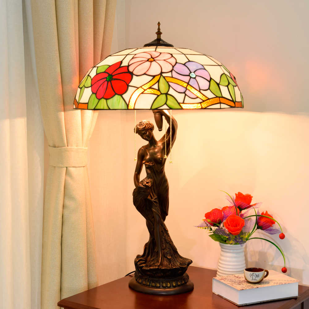 Blivuself Tiffany Lamp Stained Glass Lamp 20 Inch Morning Glory Peacock Female Table Lamp - Three Color Flower Art Sculpture Living Room Bedroom Decoration Desk Lamp For Living Room Bedroom Porch Retro Art Decoration Desk Lamp Tiffany Style Desk Lamp Classic Furniture Decoration (OFTX122)