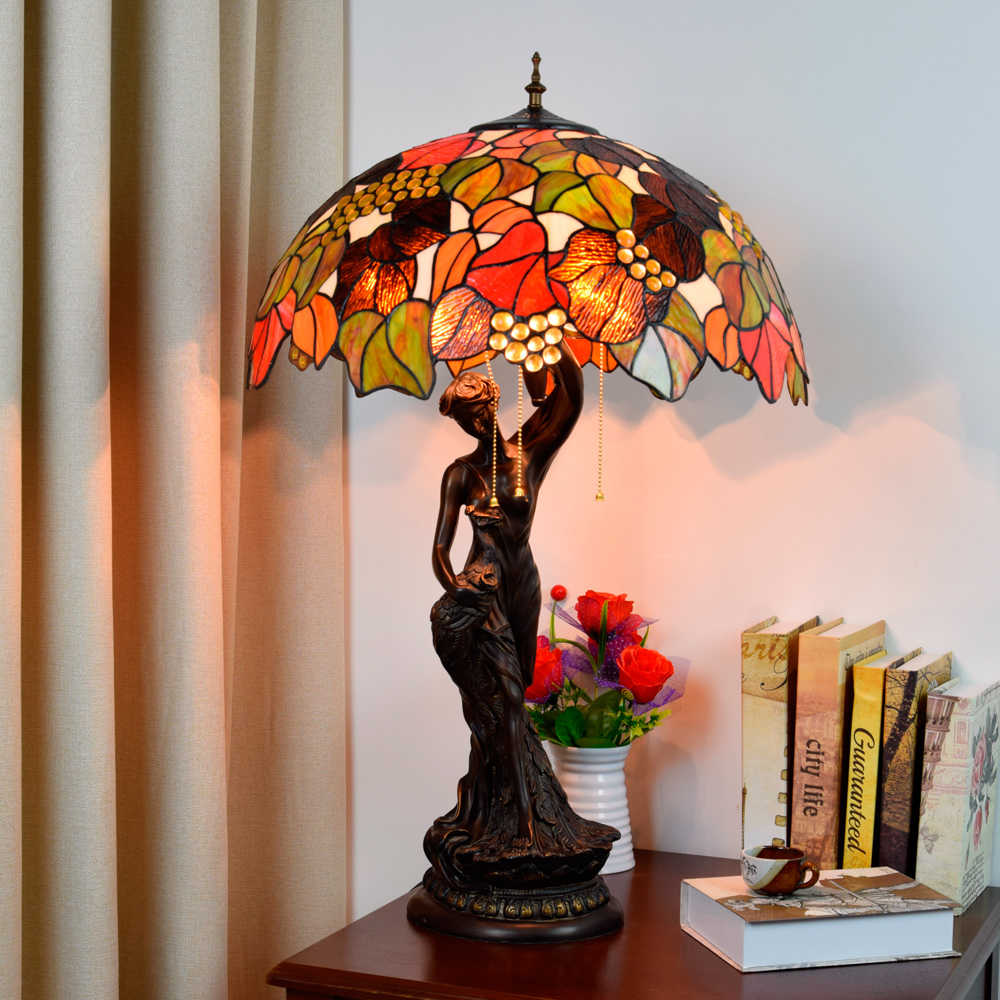 Blivuself Tiffany Lamp Stained Glass Lamp 20 Inch Maple Leaf Grape Peacock Woman Lamp Art Sculpture Living Room Bedroom Decoration Lamp Suitable For Living Room Bedroom Hallway Vintage Art Decoration Lamp Tiffany Style Lamp Classical Furniture Decoration (OFTX130)