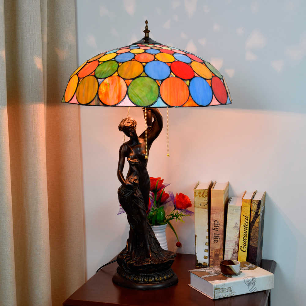 Blivuself Tiffany Lamp Stained Glass Lamp 20-Inch Dazzle Colour Wafer Peacock Female Art Sculpture Sitting Room Bedroom Adornment Lamp Is Suitable For The Sitting Room Porch Retro Art Adornment Bedroom Lamp Tiffany Style Lamp Classical Furniture Decoration (OFTX134)