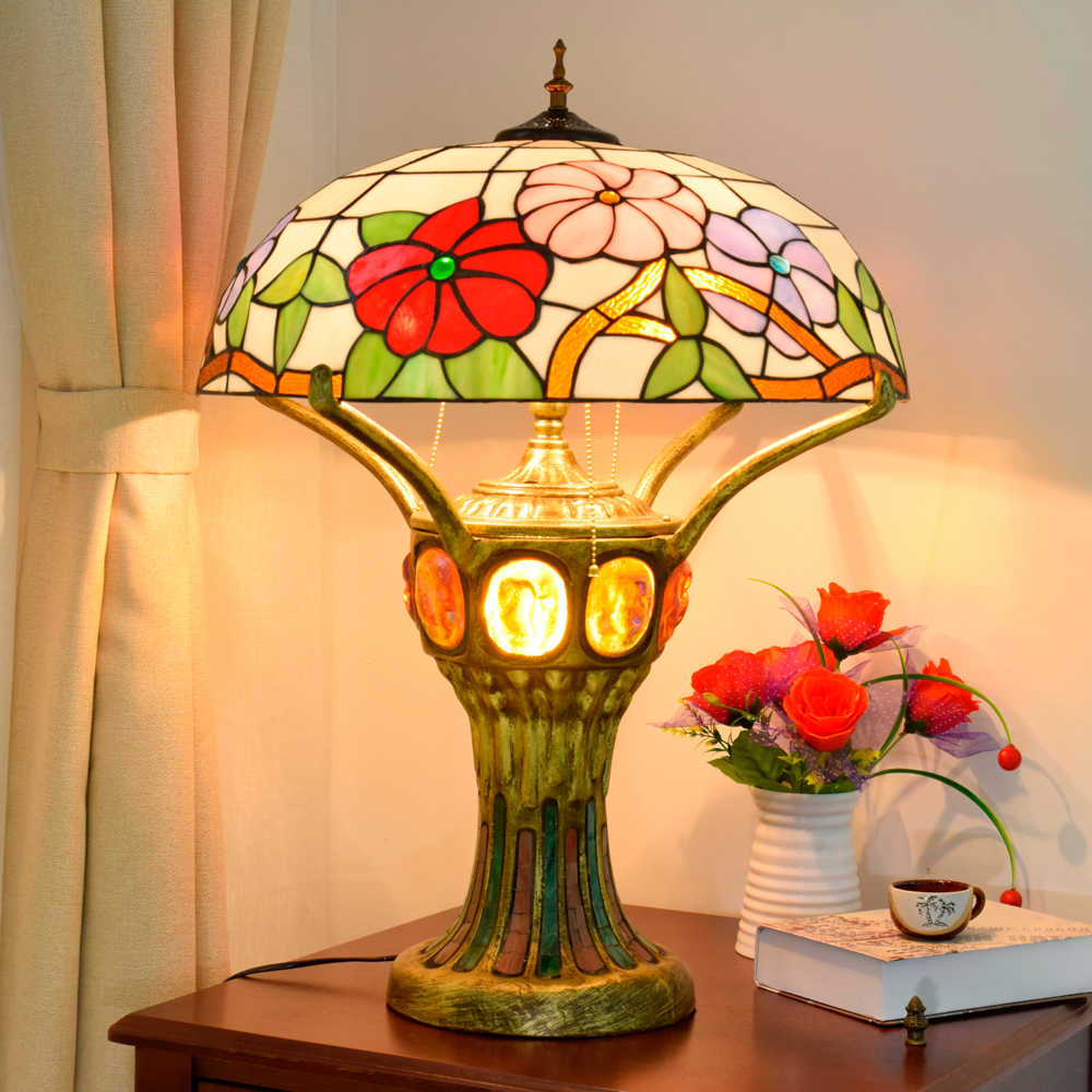 Blivuself Tiffany Lamp Stained Glass Lamp 20 Inch Morning Glory Star Window Lamp - Three Color Flower European Light Luxury Atmosphere Decorative Table Lamp For Living Room Bedroom Porch Retro Art Decorative Table Lamp Tiffany Style Table Lamp Classical Furniture Decoration (OFTX140)