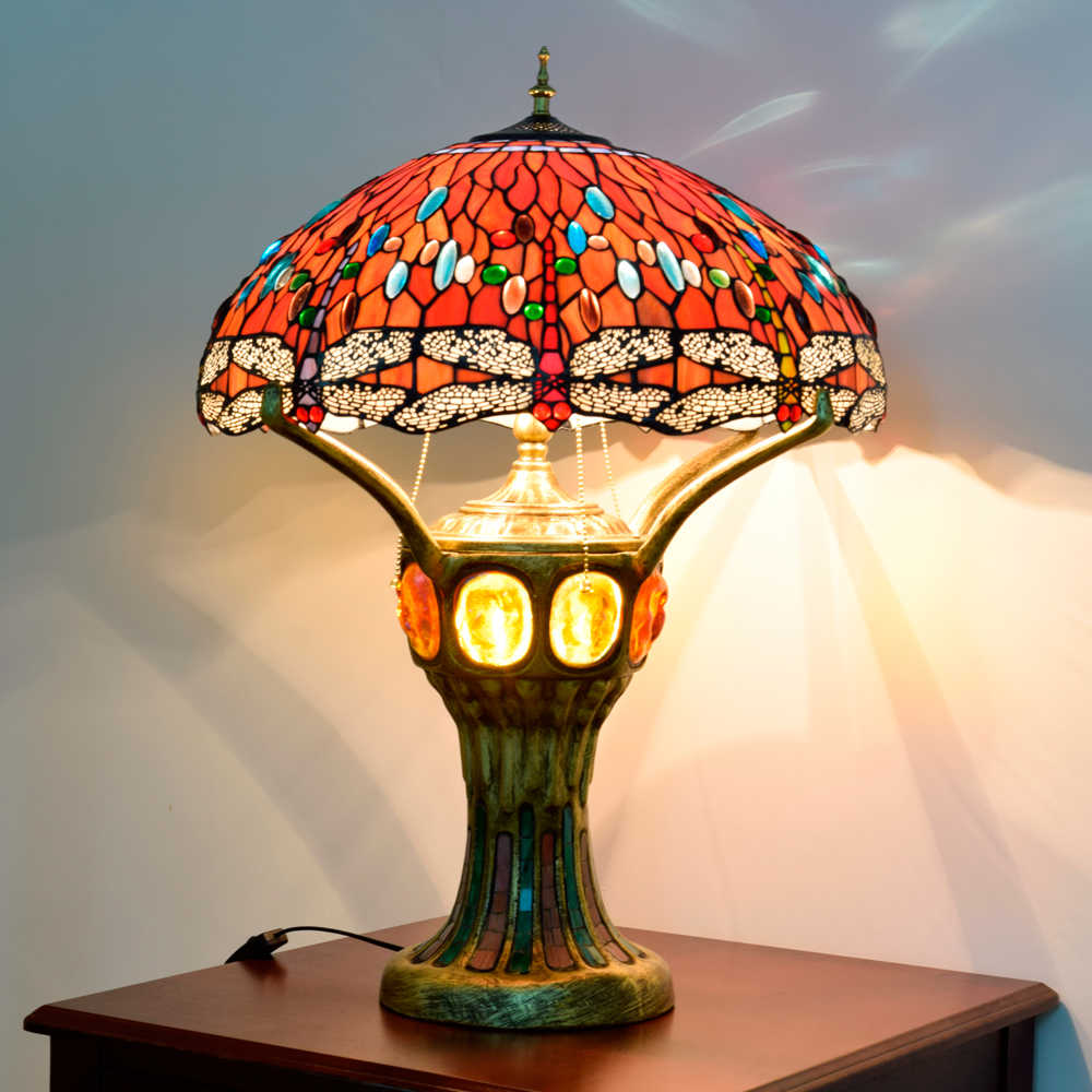 Blivuself Tiffany Lamp Stained Glass Lamp 20 Inch Red Dragonfly Octagonal Window Silile Lamp European Light Luxury Atmosphere Decorative Desk Lamp For Living Room Bedroom Porch Retro Art Decorative Desk Lamp Tiffany Style Desk Lamp Classical Furniture Decoration (OFTX138)