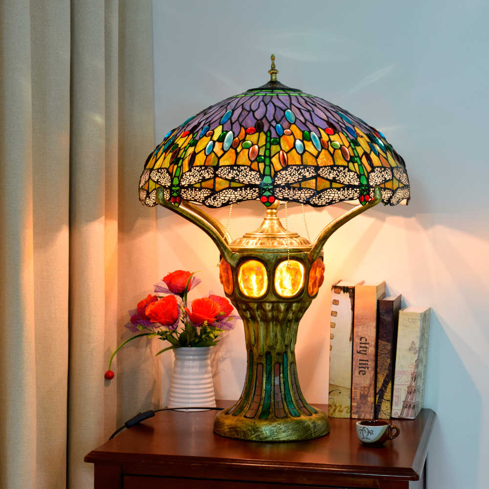 Blivuself Tiffany Lamp Stained Glass Lamp 20 Inch Colorful Beads Dragonfly Octane Window Lamp European Light Luxury Atmosphere Decorative Lamp For The Living Room Bedroom Hallway Retro Art Decorative Lamp Tiffany Style Table Lamp Classical Furniture Decoration (OFTX139)