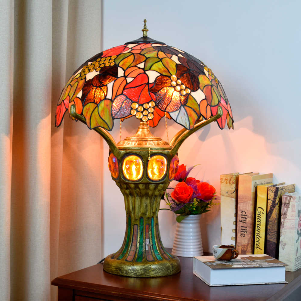 Blivuself Tiffany Lamp Stained Glass Lamp 20 Inch Maple Leaf Grapes Octagonal Window Lamp European Light Luxury Atmosphere Decorative Table Lamp For Living Room Bedroom Hallway Retro Art Decorative Table Lamp Tiffany Style Table Lamp Classical Furniture Decoration (OFTX135)