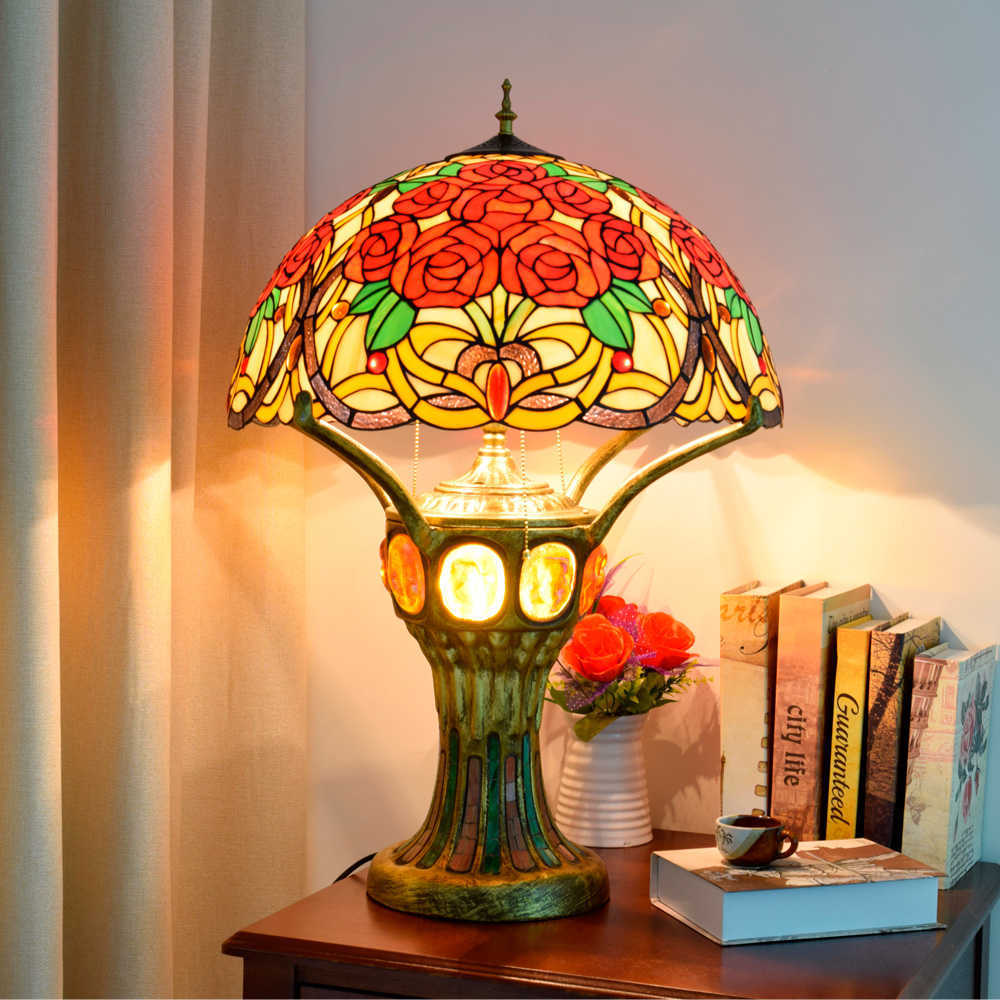 Blivuself Tiffany Lamp Stained Glass Lamp 20 Inch Rose In Full Bloom Octagonal Window Silis Lamp European Light Luxury Atmosphere Decorative Desk Lamp For Living Room Bedroom Porch Retro Art Decorative Desk Lamp Tiffany Style Desk Lamp Classical Furniture Decoration (OFTX136)
