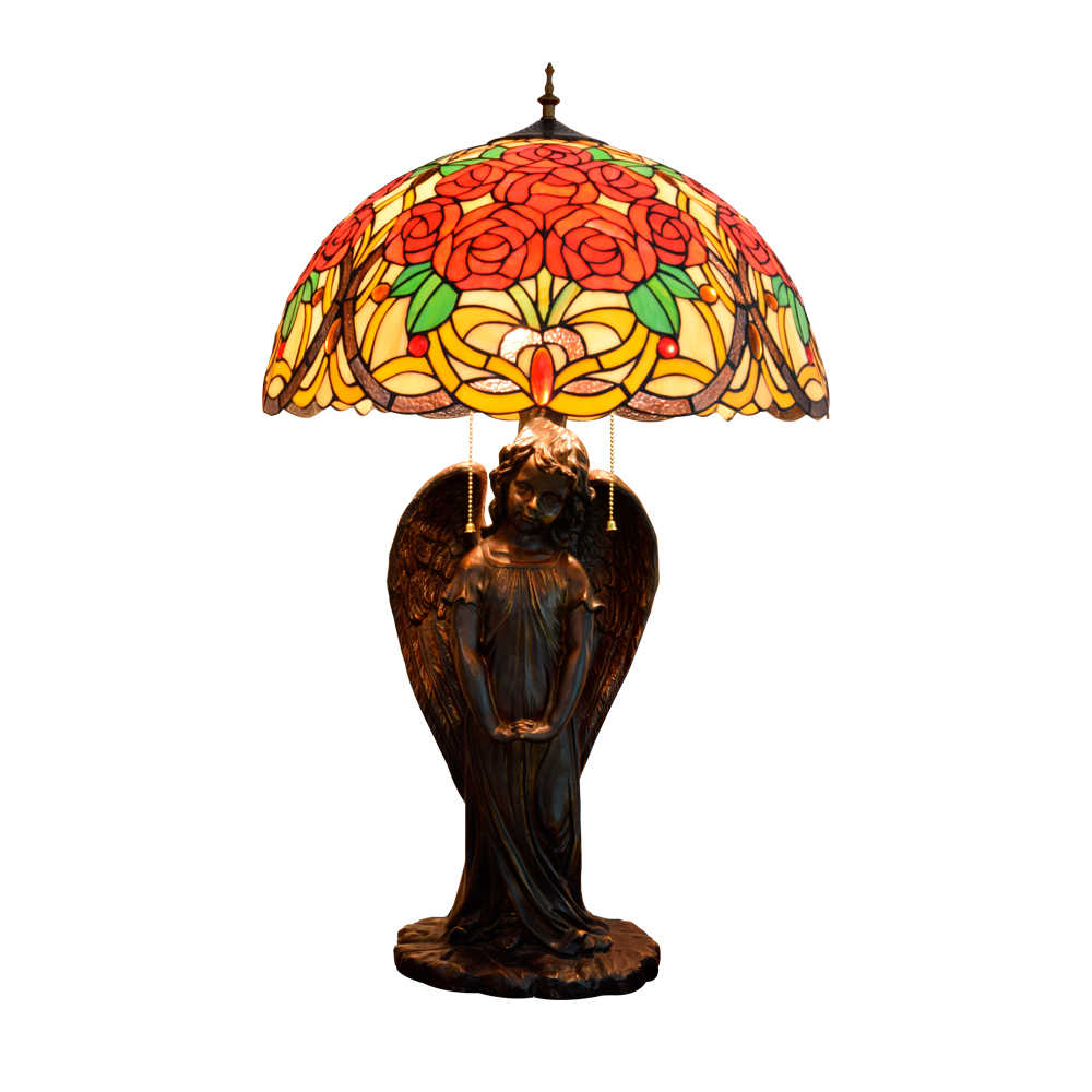 Blivuself Tiffany Lamp Stained Glass Lamp 20 Inch Rose In Full Blossom Little Boy Angel Lamp European Light Luxury Atmosphere Decorative Desk Lamp For Living Room Bedroom Porch Retro Art Decorative Desk Lamp Tiffany Style Desk Lamp Classical Furniture Decoration (OFTX131)