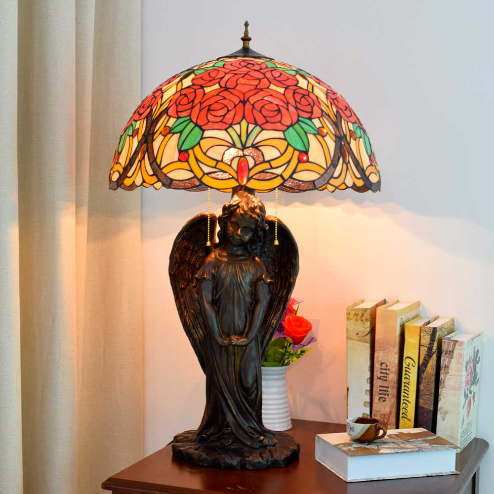 Blivuself Tiffany Lamp Stained Glass Lamp 20 Inch Rose In Full Blossom Little Boy Angel Lamp European Light Luxury Atmosphere Decorative Desk Lamp For Living Room Bedroom Porch Retro Art Decorative Desk Lamp Tiffany Style Desk Lamp Classical Furniture Decoration (OFTX131)