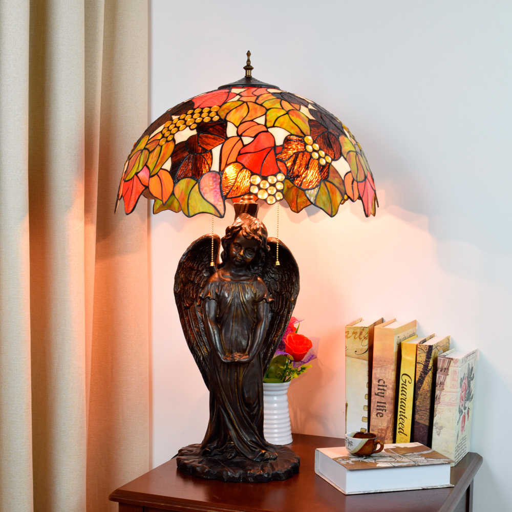 Blivuself Tiffany Lamp Stained Glass Lamp 20 Inch Maple Leaf Grapes Little Boy Angel Desk Lamp European Light Luxury Atmosphere Decoration Desk Lamp For Living Room Bedroom Hallway Retro Art Decoration Table Lamp Tiffany Style Table Lamp Classical Furniture Decoration (OFTX132)