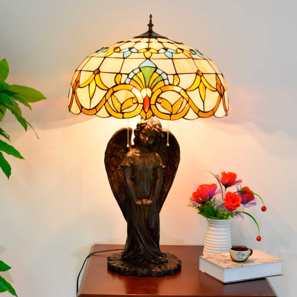 Blivuself Tiffany Lamp Stained Glass Lamp 20 Inch Baroque Little Boy Angel Table Lamp European Light Luxury Atmosphere Decorative Table Lamp For Living Room Bedroom Porch Retro Art Decorative Table Lamp Tiffany Style Table Lamp Classical Furniture Decoration (OFTX128)