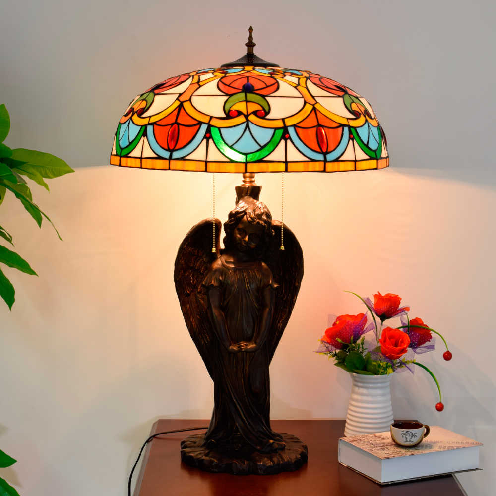 Blivuself Tiffany Lamp Stained Glass Lamp 20 Inch Peach Beads Little Boy Angel Desk Lamp European Light Luxury Atmosphere Decoration Desk Lamp Living Room Bedroom Porch Retro Art Decoration Desk Lamp Tiffany Style Desk Lamp Classical Furniture Decoration (OFTX127)