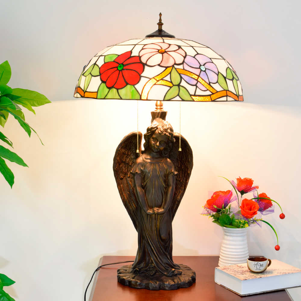 Blivuself Tiffany Lamp Stained Glass Lamp 20 Inch Morning Glory - Tricolor Flower Little Boy Angel Lamp European Light Luxury Atmospheric Decorative Lamp Living Room Bedroom Entrance Lamp Vintage Art Decorative Lamp Tiffany Style Table Lamp Classical Furniture Decoration (OFTX126)