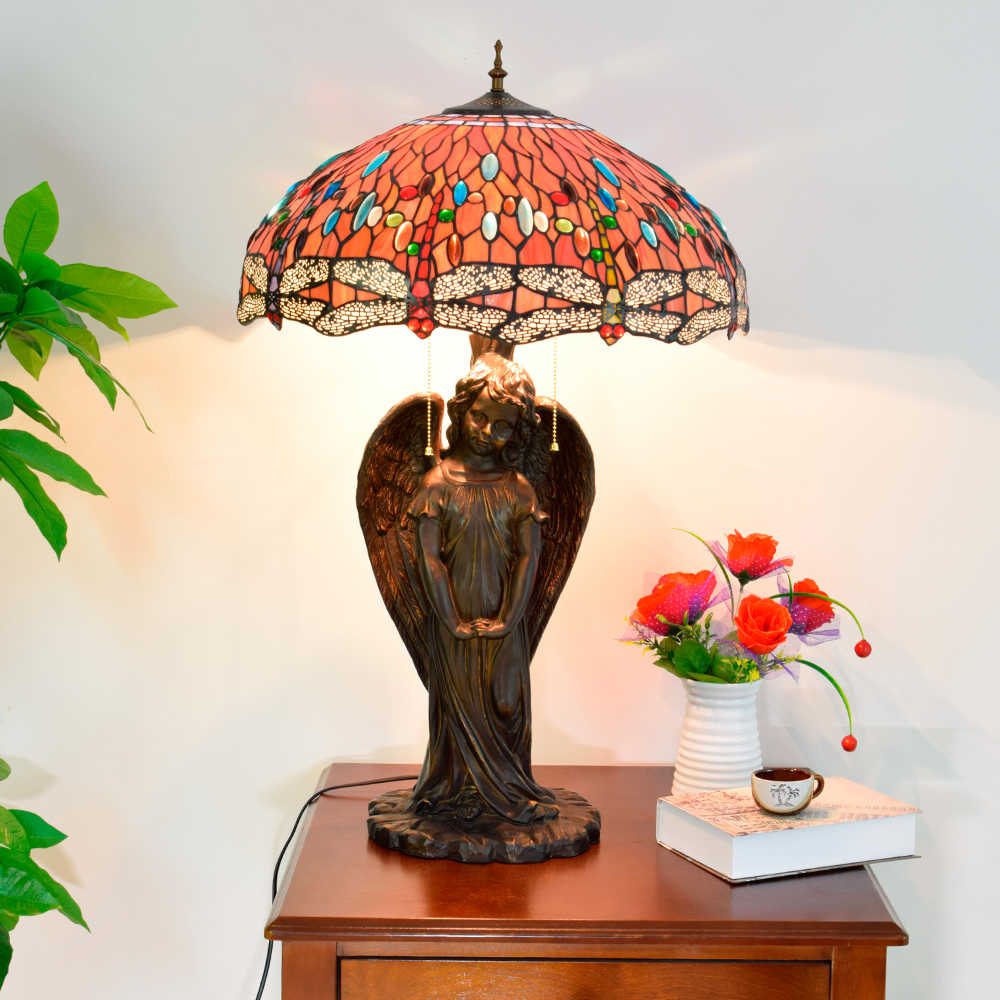 Blivuself Tiffany Lamp Stained Glass Lamp 20 Inch Red Dragonfly Little Boy Angel Desk Lamp European Light Luxury Atmosphere Decoration Desk Lamp Living Room Bedroom Porch Retro Art Decoration Desk Lamp Tiffany Style Desk Lamp Classical Furniture Decoration (OFTX124)