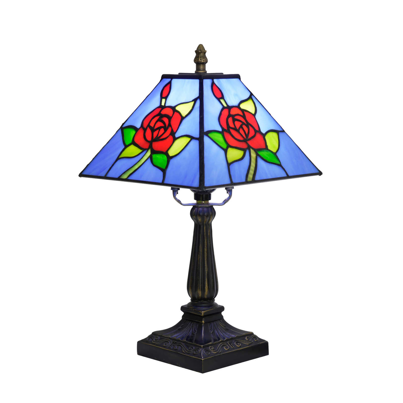 Blivuself Tiffany Lamp Serenity Blue Base With Warm Red Rose Handmade Copper Foil Solder Stained Glass Tabble Lamp 8 Inch Antique Relief Resin Base Bedside Desk Atmosphere Lamp French Garden Home Living Room Art Deco Desk Lamp Suitable For Bedroom Study Cafe (OFU1458)