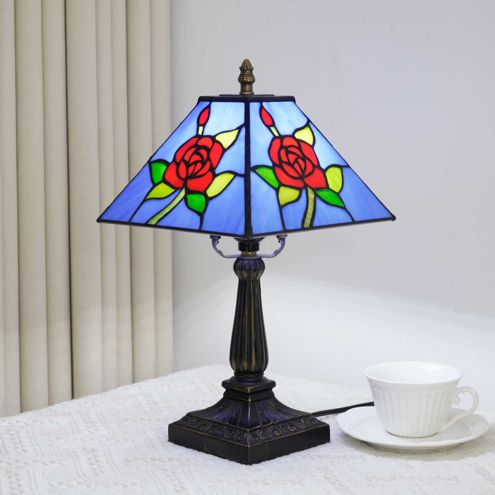 Blivuself Tiffany Lamp Serenity Blue Base With Warm Red Rose Handmade Copper Foil Solder Stained Glass Tabble Lamp 8 Inch Antique Relief Resin Base Bedside Desk Atmosphere Lamp French Garden Home Living Room Art Deco Desk Lamp Suitable For Bedroom Study Cafe (OFU1458)