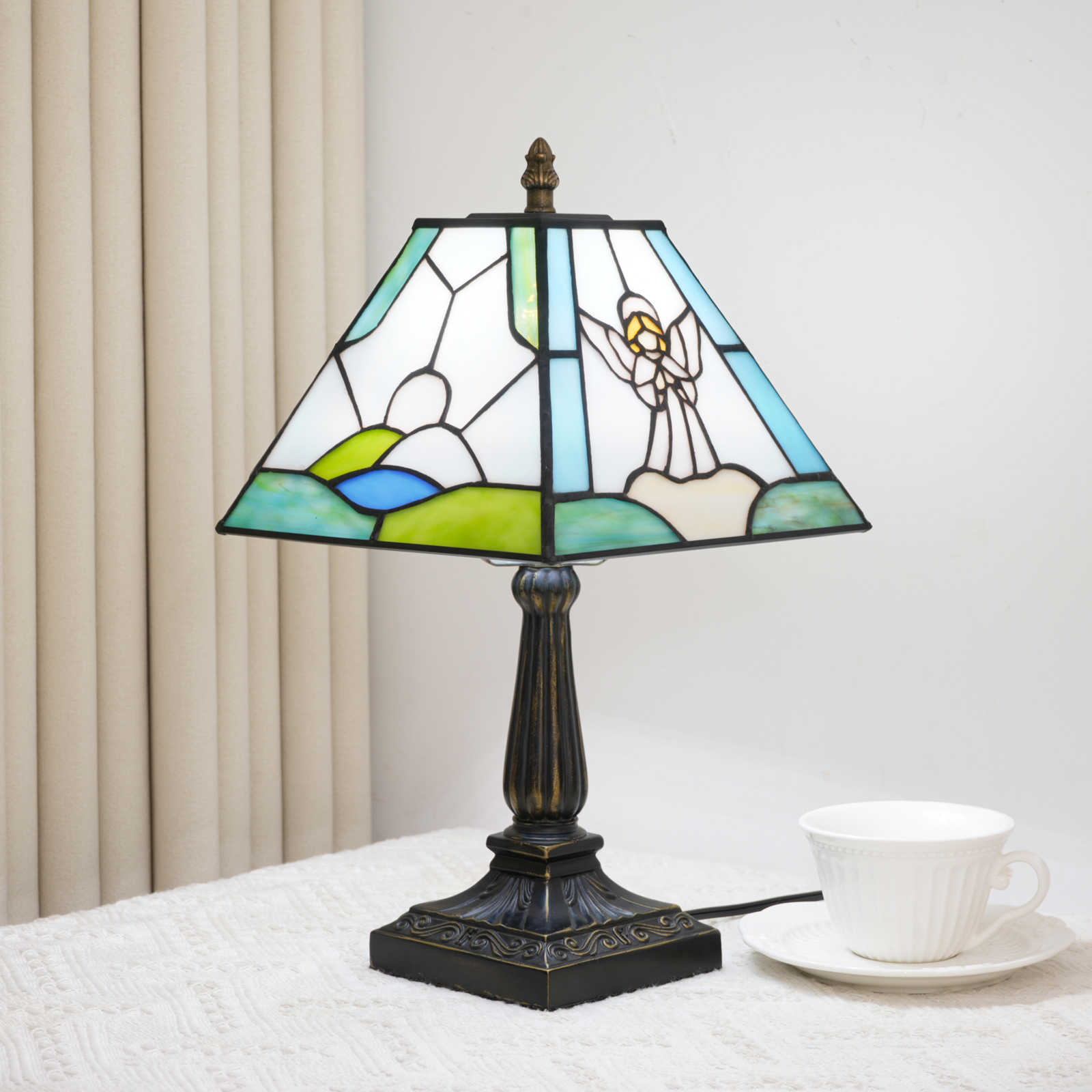Blivuself Tiffany Lamp Is Cute And Soothing It Is A Handcrafted Copper Foil Solder Colored Glass Table Lamp With An 8-Inch Retro Resin Lamp Post It Features A Fresh Macaron Gradient Color Scheme. It Is An Artistic Decorative Table Lamp For Reading Bedrooms Churches And Homestays Creating A Gentle Atmosphere. (OFU1456)
