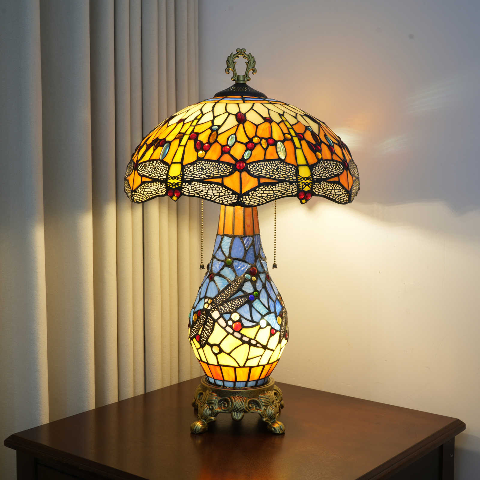 Blivuself Tiffany Lamp Orange Dragonfly Handmade Copper Foil Solder Stained Glass Table Lamp 16 Inch Retro Art Deco Living Room Atmosphere Lamp American Villa Homestage Estate Art Collectible Tiffany Style Table Lamp (OFT1446)