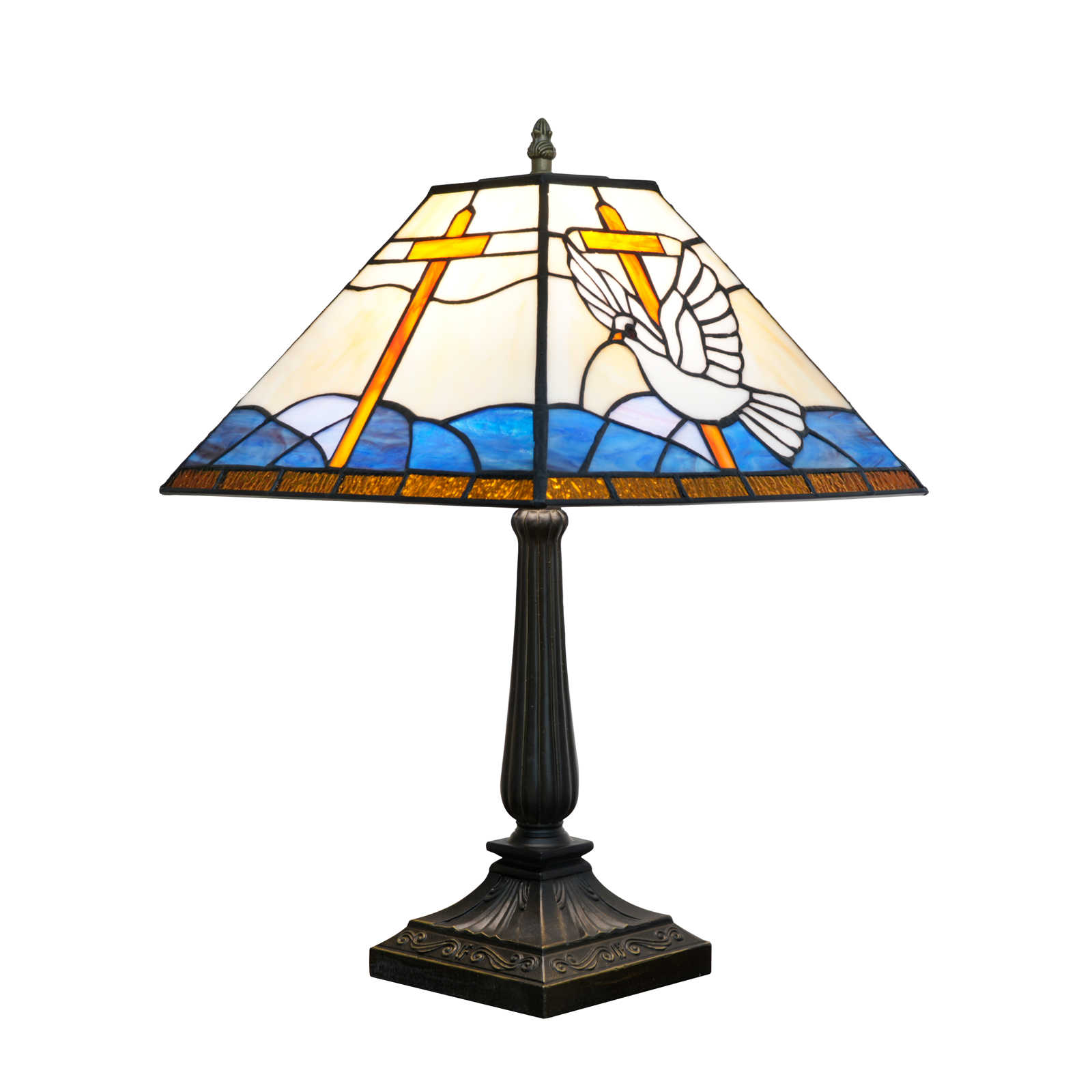 Blivuself Tiffany Cross And Peace Dove Handmade Copper Foil Soldered Stained Glass Table Lamp 12 Inches Blue And White Quiet Healing Retro Art Decorative Living Room Relaxation Soft Light Non-Irritating Atmosphere Lamp Church Prayer Room Believer'S Bedroom Gentle Healing Tiffany Style Table Lamp (OFT1445)