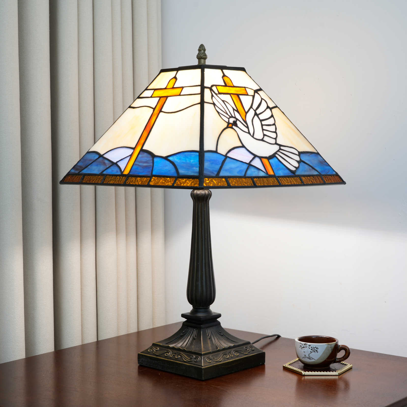Blivuself Tiffany Cross And Peace Dove Handmade Copper Foil Soldered Stained Glass Table Lamp 12 Inches Blue And White Quiet Healing Retro Art Decorative Living Room Relaxation Soft Light Non-Irritating Atmosphere Lamp Church Prayer Room Believer'S Bedroom Gentle Healing Tiffany Style Table Lamp (OFT1445)