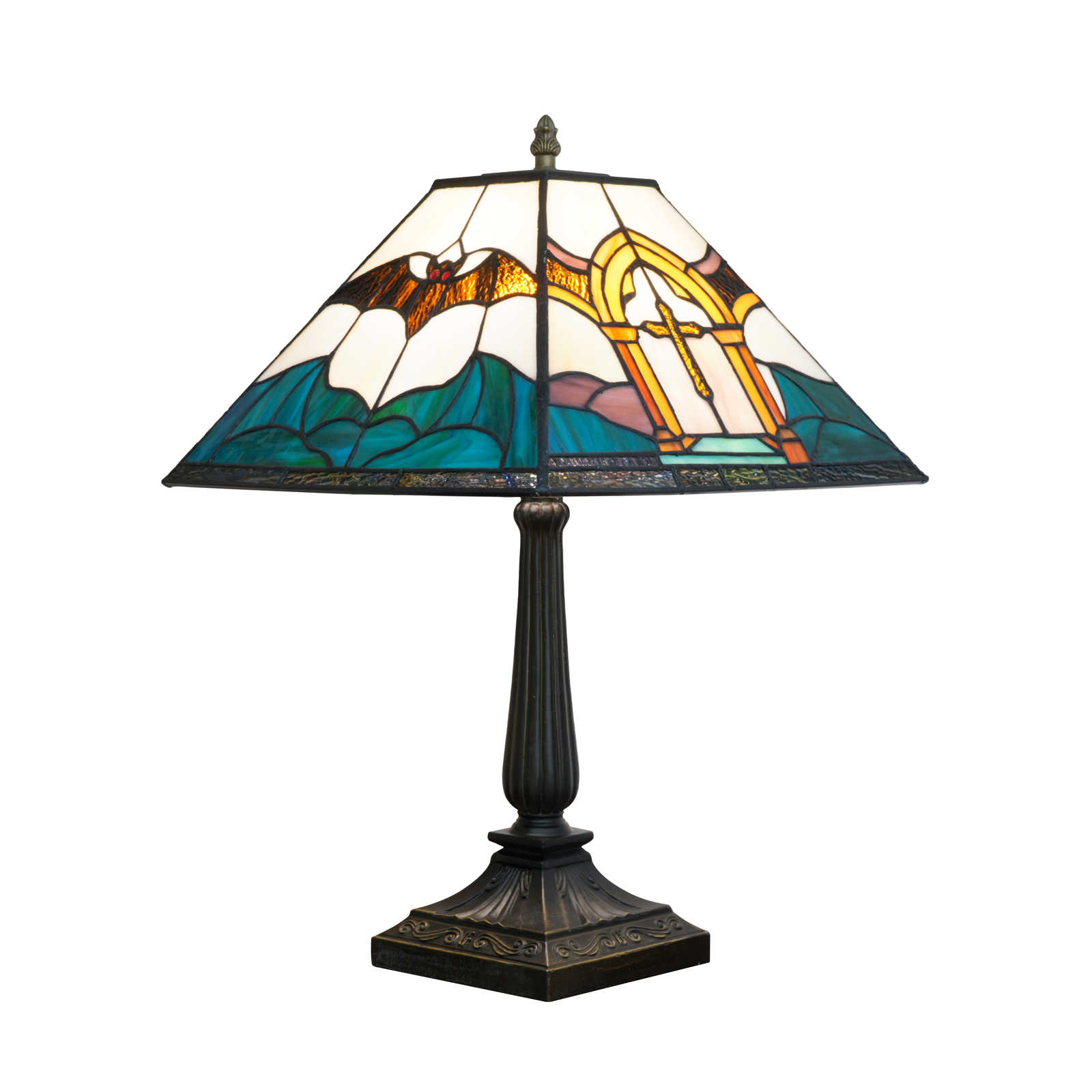 Blivuself Tiffany Lamp Halloween Dark Cross Bat Handcrafted Copper Foil Solder Stained Glass Table Lamp 12-Inch Gothic Arch Cross With Black Bat Retro Art Decoration Living Room Rest Soft Light Not Dazzling Ambient Light Halloween Secret Room Dark Style Tavern Exclusive Atmosphere Tiffany Style Lamp (OFT1444)