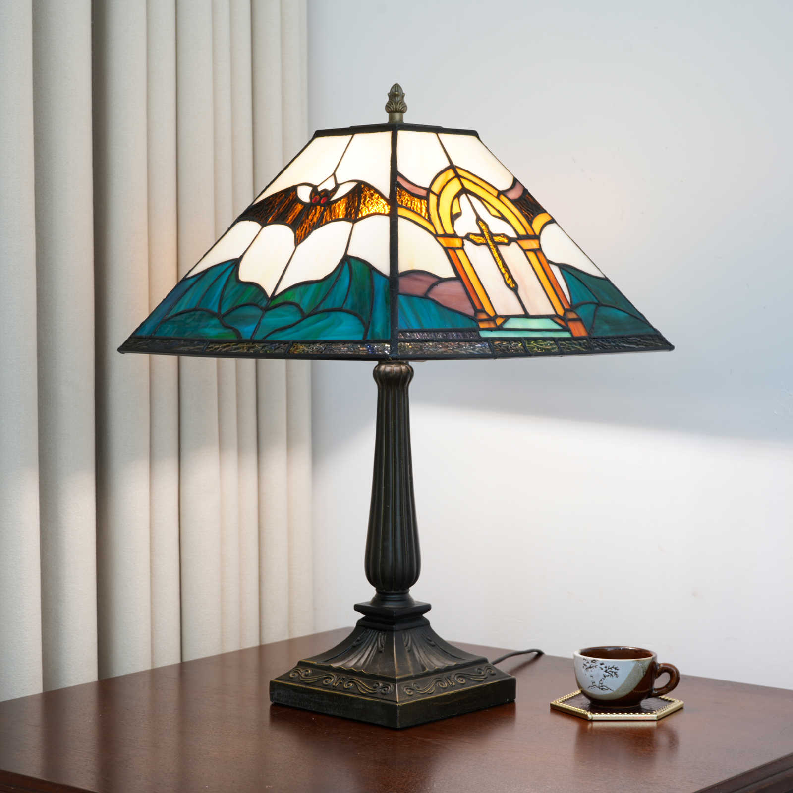 Blivuself Tiffany Lamp Halloween Dark Cross Bat Handcrafted Copper Foil Solder Stained Glass Table Lamp 12-Inch Gothic Arch Cross With Black Bat Retro Art Decoration Living Room Rest Soft Light Not Dazzling Ambient Light Halloween Secret Room Dark Style Tavern Exclusive Atmosphere Tiffany Style Lamp (OFT1444)