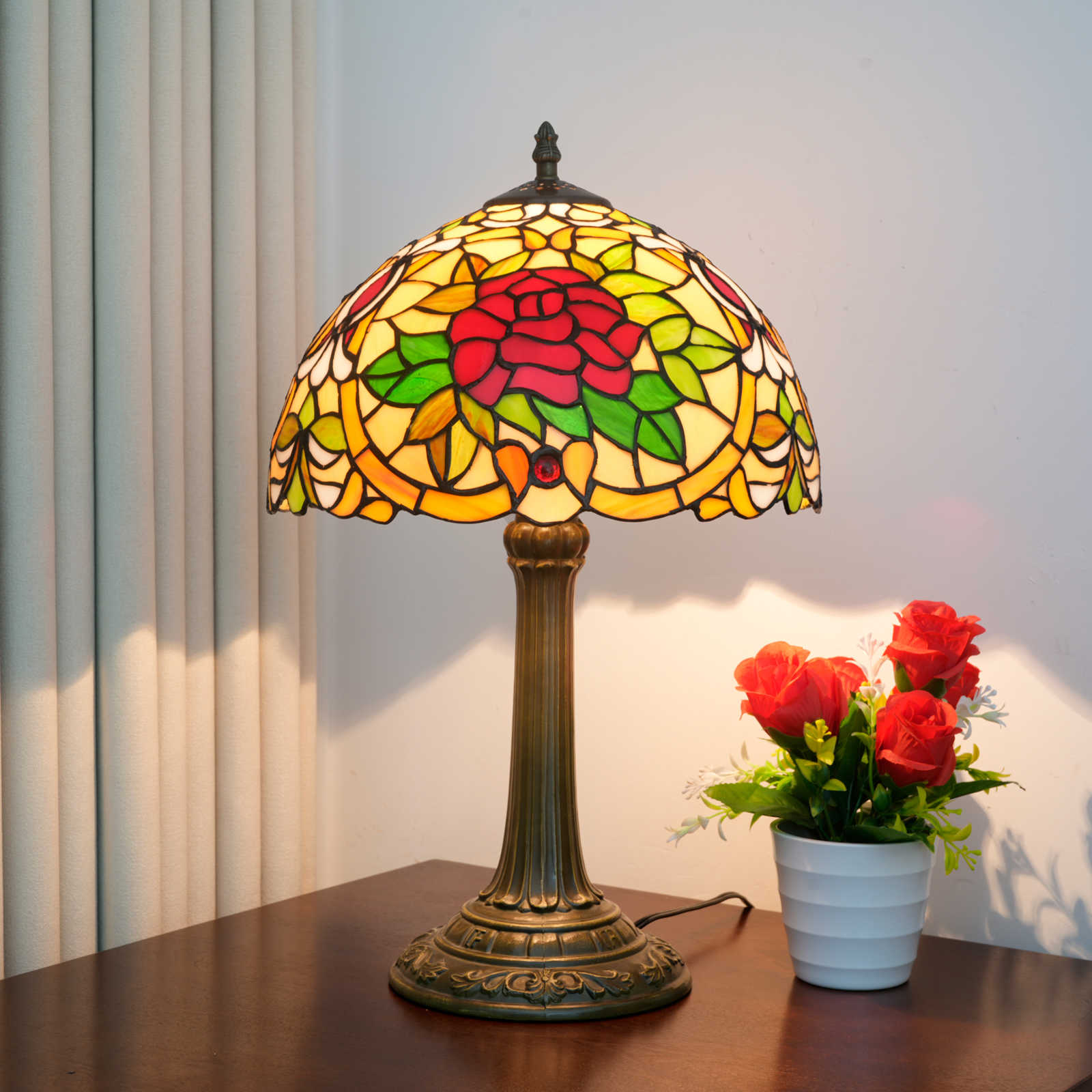 Blivuself Tiffany Lamp Camelas Handmade Stained Glass Desk Lamp Bedside Lamps12 Inch Bronze Base Yellow Retro Art Decoration Table Lamp Living Room Bedroom Kitchen Office Study Home Decoration Lady Friend Family Gift (OFT1448)