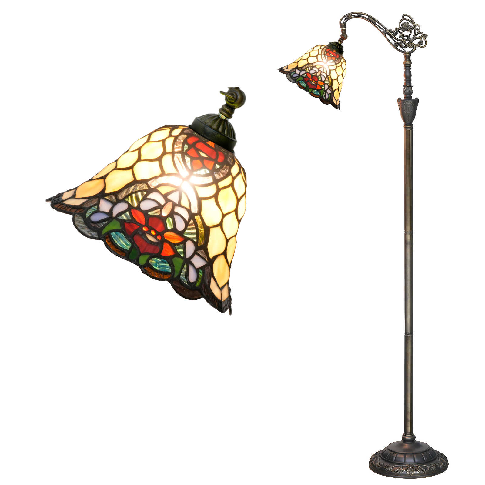 Blivuself Tiffany Floor Lamp With A Retro Style And A 12-Inch Red Flower Bead Handcrafted Stained Glass Lampshade It Features A Classical Artistic Design And Is Suitable For Adjusting Indoor Lighting For Eye-Friendly Reading It Is Ideal For Use In Study Rooms Bedrooms Dining Rooms Offices Villas Etc As A Home Decoration Model OFX049