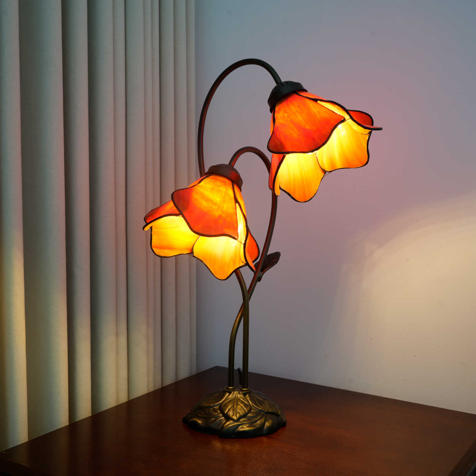 Blivuself Tiffany Lamp Double-Headed Orange Petals Handmade Stained Glass Desk Lamp Bedside Lamps 8 Inch Retro Art Decoration Table Lamp Living Room Bedroom Kitchen Office Study Home Decoration Lady Friend Family Gift (OFT1465)