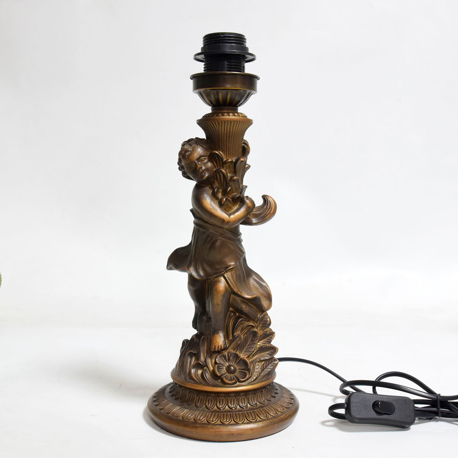 Blivuself Retro Bronze Little Boy Angel Sculpture Lamp Base, Decorative Flower Carving Table Lamp Stand E26/E27 Base Diy Replacement Lamp Base, Suitable For Painted Glass Lampshade, Bedroom Living Room Office Desk Lighting Table Lamp Accessory, European Classic Home Decoration 1pcs