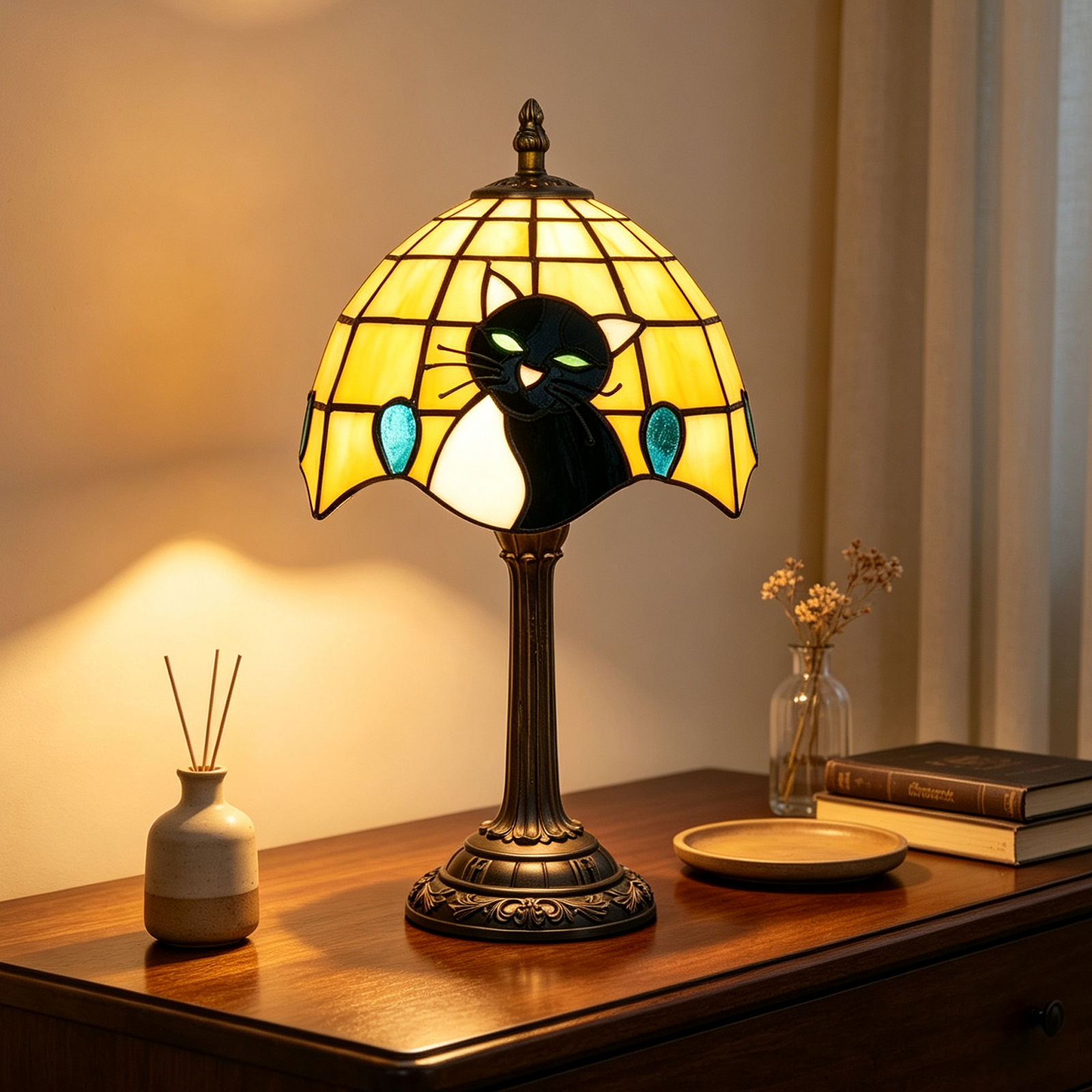 Blivuself Tiffany Retro-Style Table Lamp, 8-Inch Black And White Cat-Patterned Bedside Lamp, Handcrafted Stained Glass Lampshade, Suitable For Home Decoration Artworks Such As Dormitories, Bedrooms And Living Rooms（OFU1260）