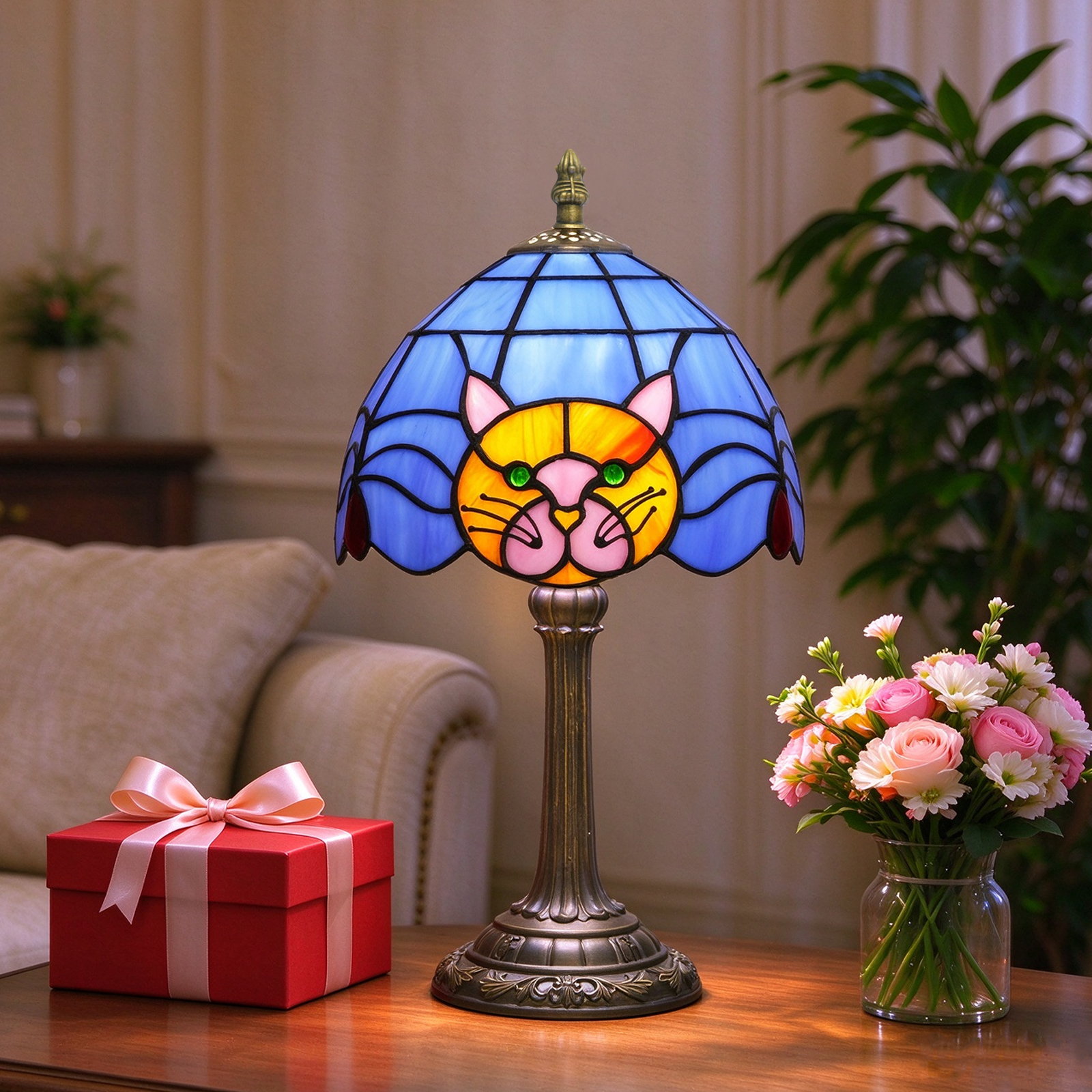 Blivuself Tiffany Stained Glass Table Lamp,Orange Cat Pattern Retro Design Bedside Lamp, An Artistic Spirit That Illuminates The Space, Suitable For Home Decoration Artworks In Bedrooms, Dormitories, Living Rooms, Etc）（OFU1259）