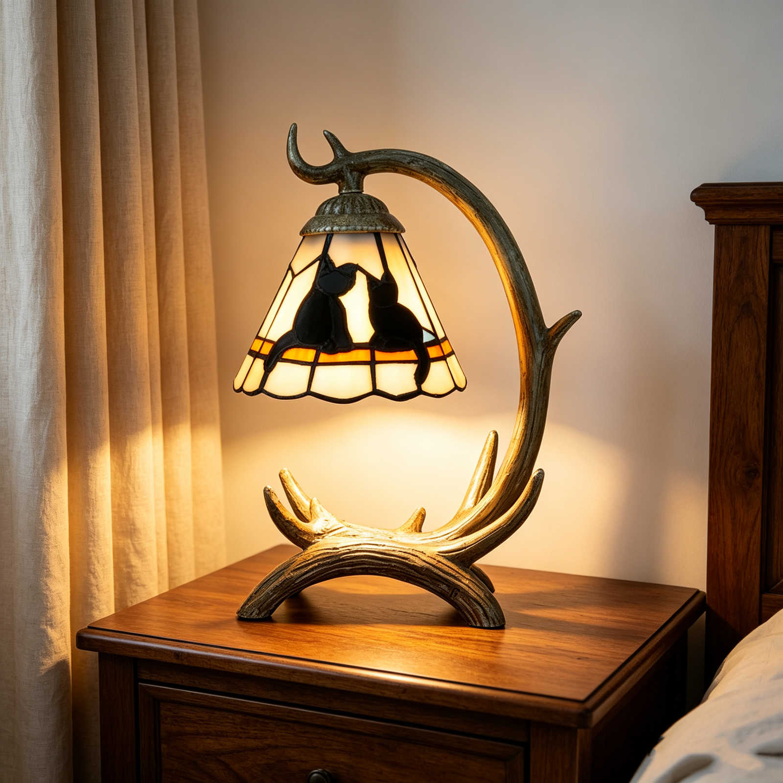 Blivuself Faux Antler Base Tiffany Table Lamp, Stained Glass Shade with Cat Silhouette, Rustic Farmhouse Nightstand Lamp, Vintage Accent Mood Lighting for Bedroom Living Room Cabin Home Decor, Pet Lover Gift<OFU1448>
