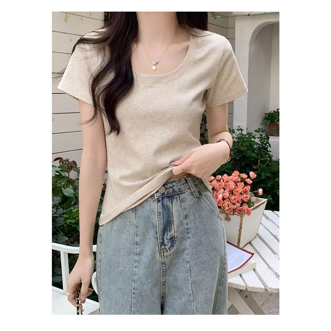 Short Sleeve T-Shirt Women's Low Neck Shoulder T-Shirt Women's Short Sleeve Slim Skinny Top Summer