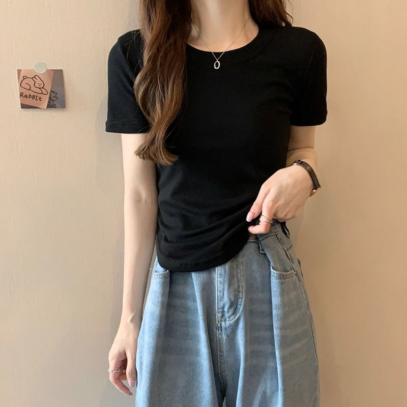 Sweet and spicy shoulder T-shirt women's short-sleeved summer slim-fitting and thin solid-color versatile short top