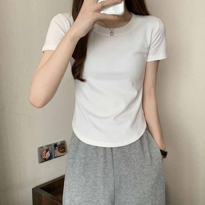 Sweet and spicy shoulder T-shirt women's short-sleeved summer slim-fitting and thin solid-color versatile short top