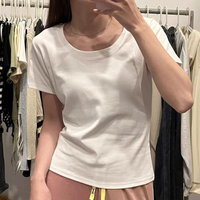 New round neck solid color casual slim-fitting low neck front shoulder T-shirt women's short-sleeved summer thin top