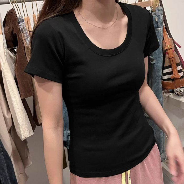 New round neck solid color casual slim-fitting low neck front shoulder T-shirt women's short-sleeved summer thin top
