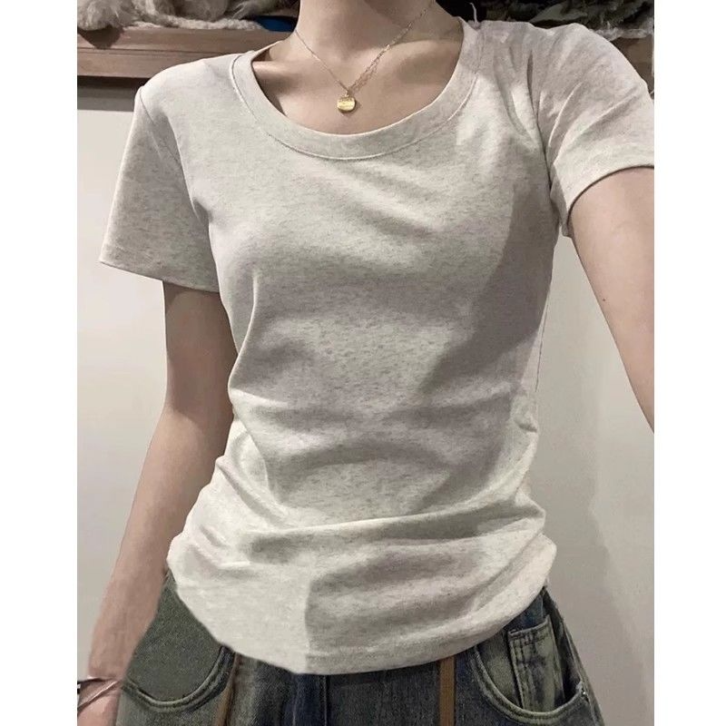 White front shoulder short-sleeved t-shirt women's spring summer 2025 new slim-fit inner slim top bottomed cotton half-sleeved