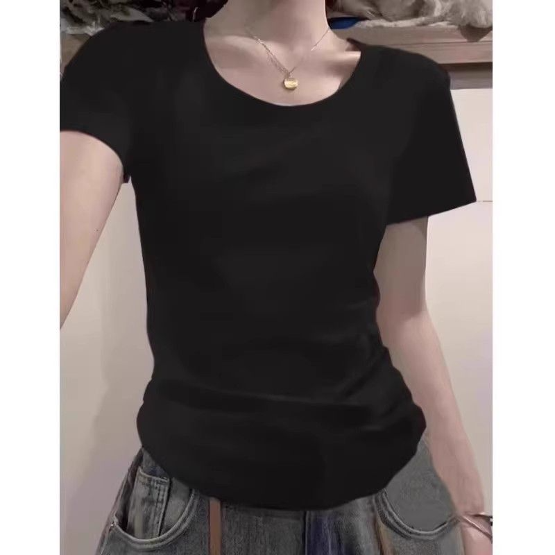 Front shoulder short-sleeved t-shirt women's 2025 summer new white inner slim-fitting early spring top bottoming shirt