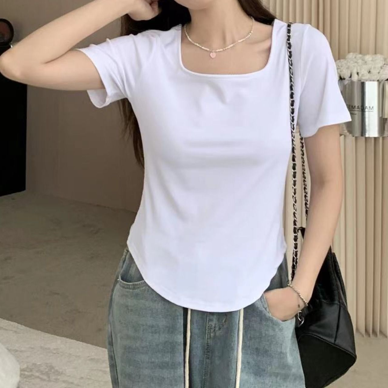 Large size fat mm front shoulder square neckline irregular T-shirt 2025 summer belly covering and thin top